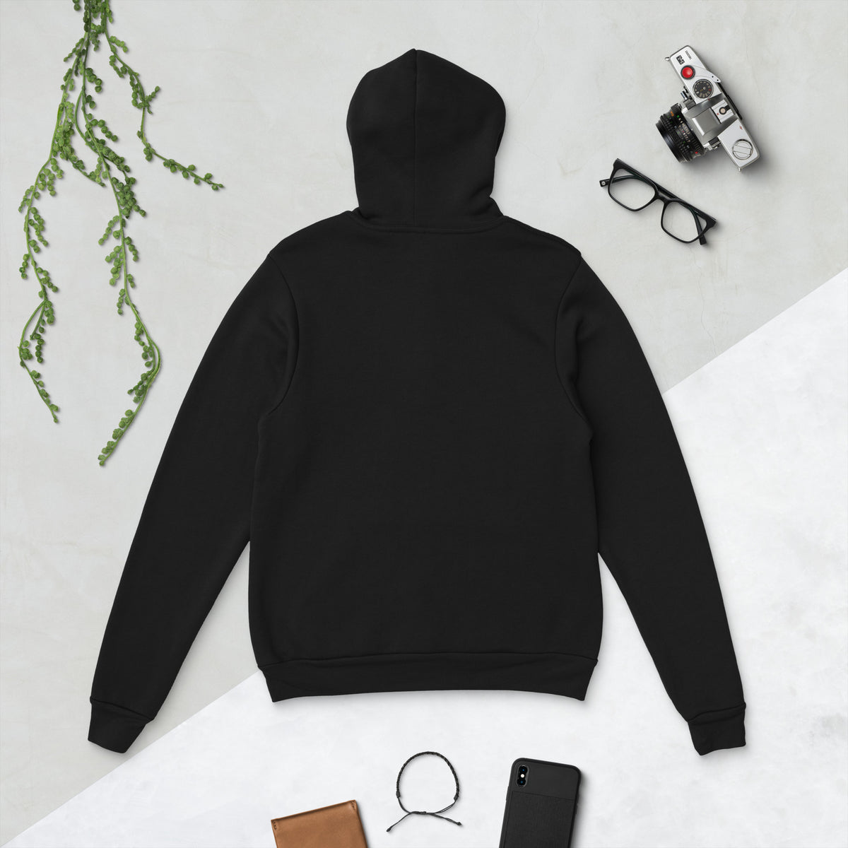 Resting Witch Face whimsigoth design, a witch in round sunglasses with her black cat and a raven, on a black unisex pullover hoodie, back view