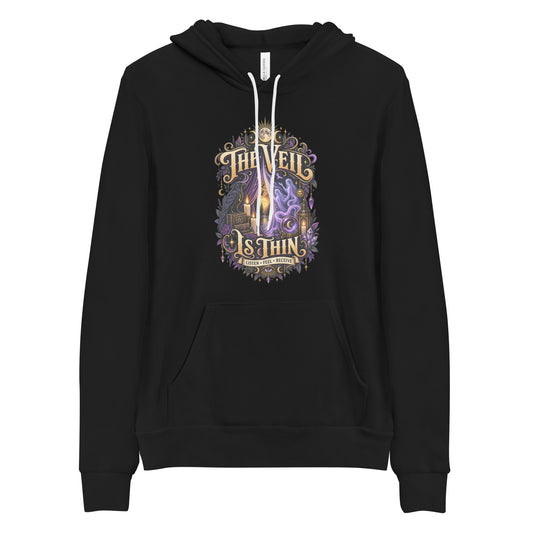 The Veil Is Thin whimsigoth design, a raven, candles and spirits rising through a parted veil, on a black unisex pullover hoodie, front view