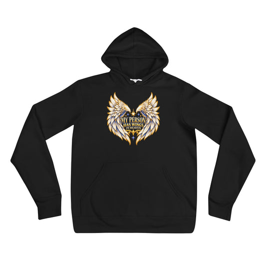 My Person Has Wings In Heaven design, gold and white angel wings curving into a heart around gold lettering with blue star sparkles, on a black unisex pullover hoodie, front view