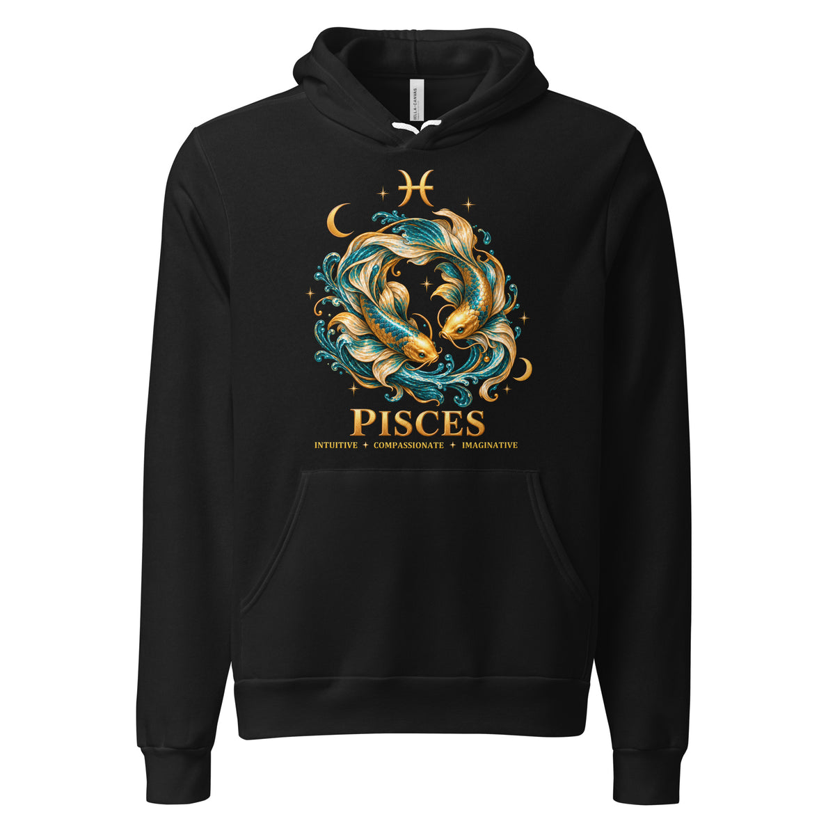 Pisces zodiac hoodie in black: two gold and teal koi circling in a night sky of gold stars, with the Pisces glyph, two crescent moons and PISCES