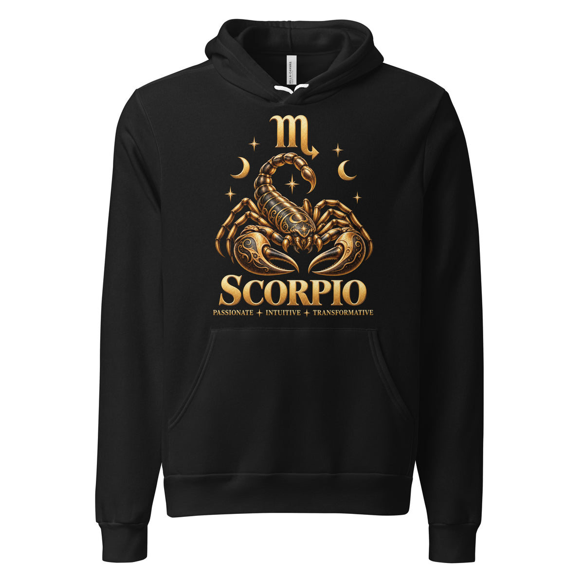 Scorpio zodiac hoodie in black: a golden scorpion with its tail raised in a night sky of gold stars, with the Scorpio glyph and SCORPIO