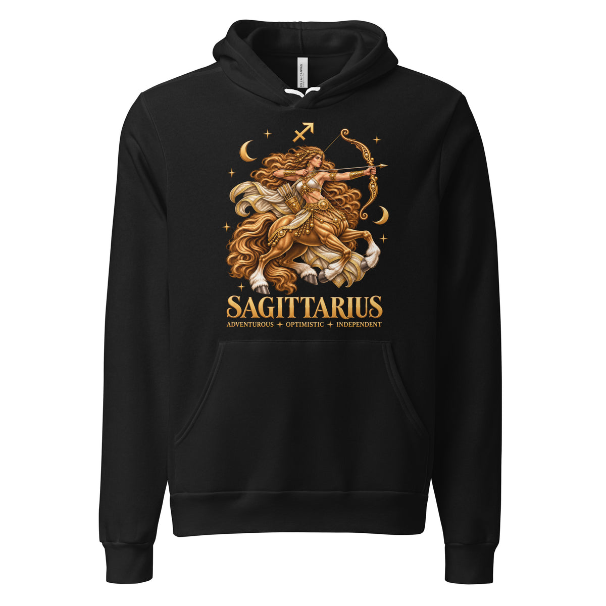 Sagittarius zodiac hoodie in black: a golden centaur archer drawing her bow in a night sky of gold stars, with the Sagittarius glyph and SAGITTARIUS