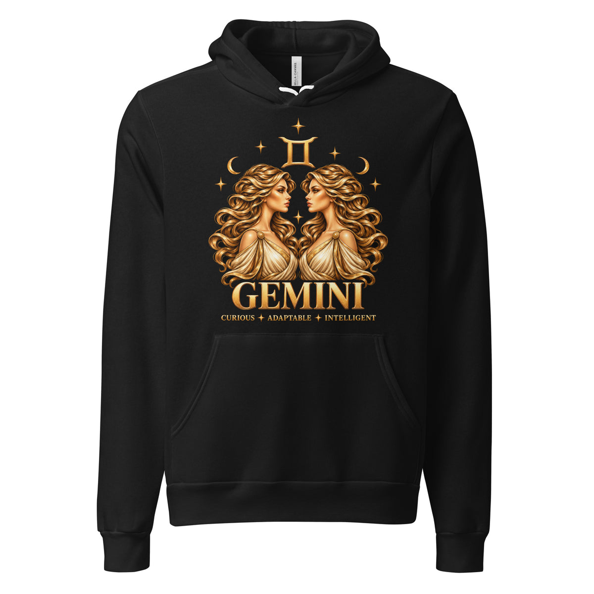 Gemini zodiac hoodie in black: golden twins face to face with flowing hair in a night sky of gold stars, with the Gemini glyph, two crescent moons and the words Curious, Adaptable, Intelligent