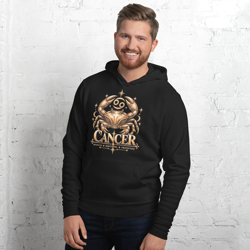 Cancer zodiac hoodie in black: a golden crab with claws raised in a night sky of gold stars, with the Cancer glyph, crescent moons and the words Intuitive, Nurturing, Protective