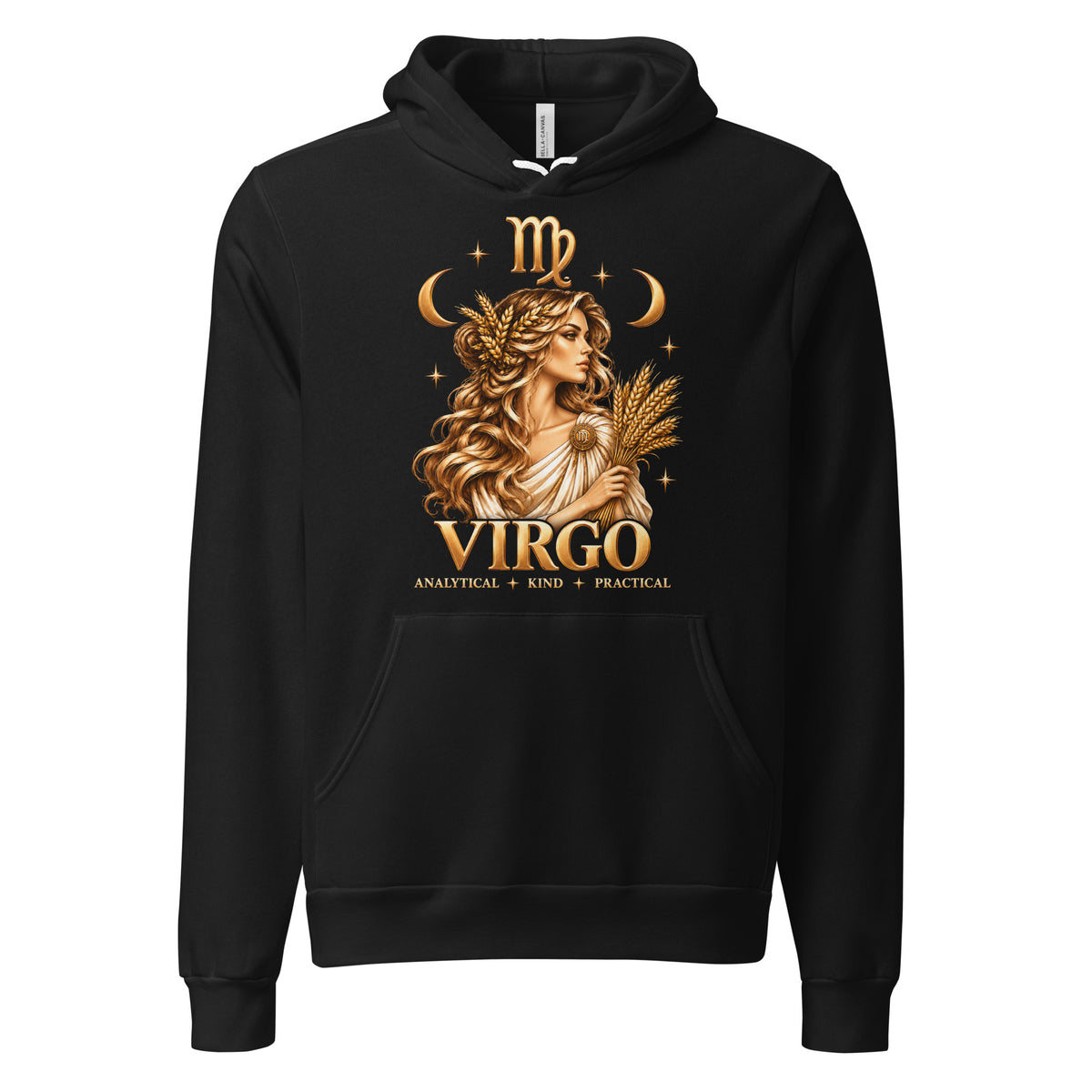 Virgo zodiac hoodie in black: a golden maiden with wheat in her hair holding a sheaf of wheat in a night sky of gold stars, with the Virgo glyph, two crescent moons and the words Analytical, Kind, Practical