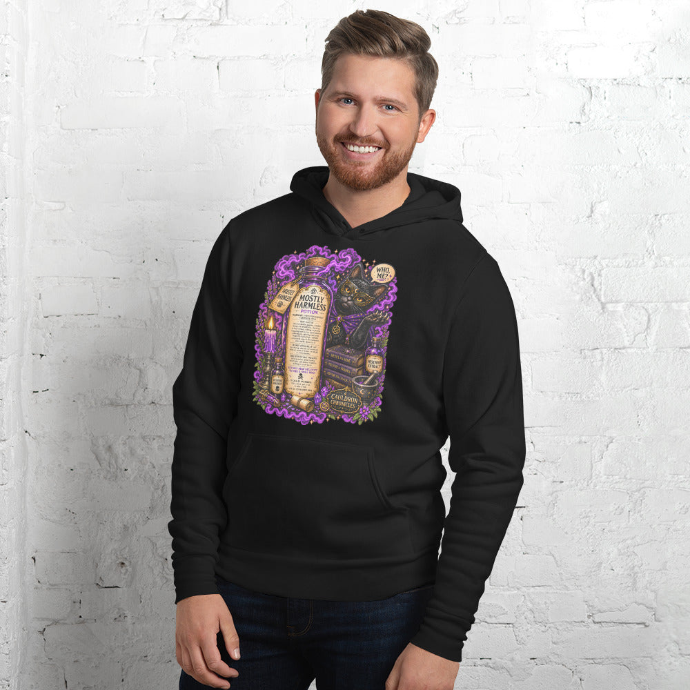 Mostly Harmless design, a potion bottle and a masked black cat, on a black unisex hoodie, front view