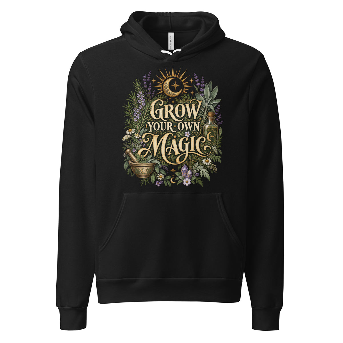 Grow Your Own Magic herbology design, herbs and a golden moon, on a black unisex hoodie, front view