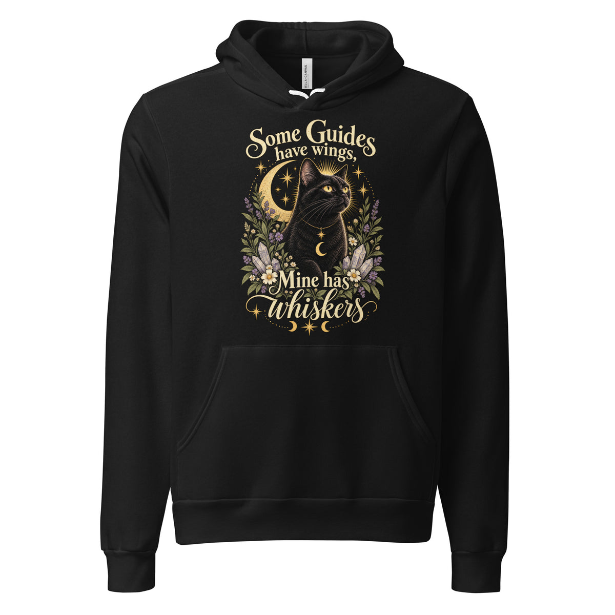 Some Guides Have Wings Mine Has Whiskers design, a black cat under a golden moon, on a black unisex hoodie, front view