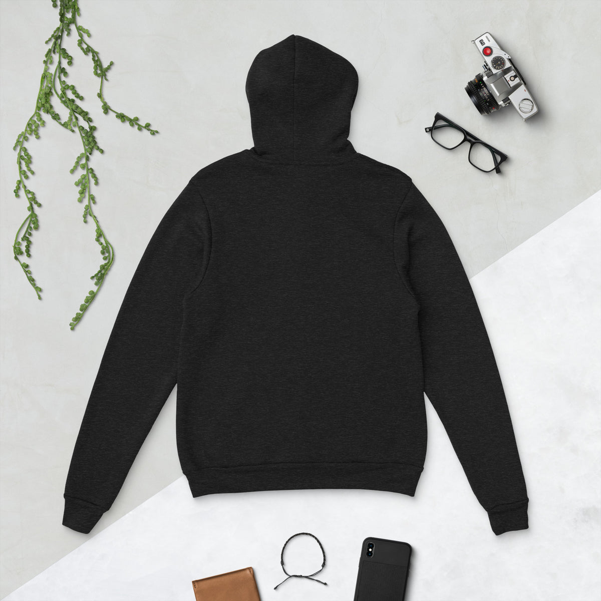 My Apothecary Has Trust Issues, a witchy black cat and a cabinet of potion bottles, on a black heather unisex pullover hoodie, back view