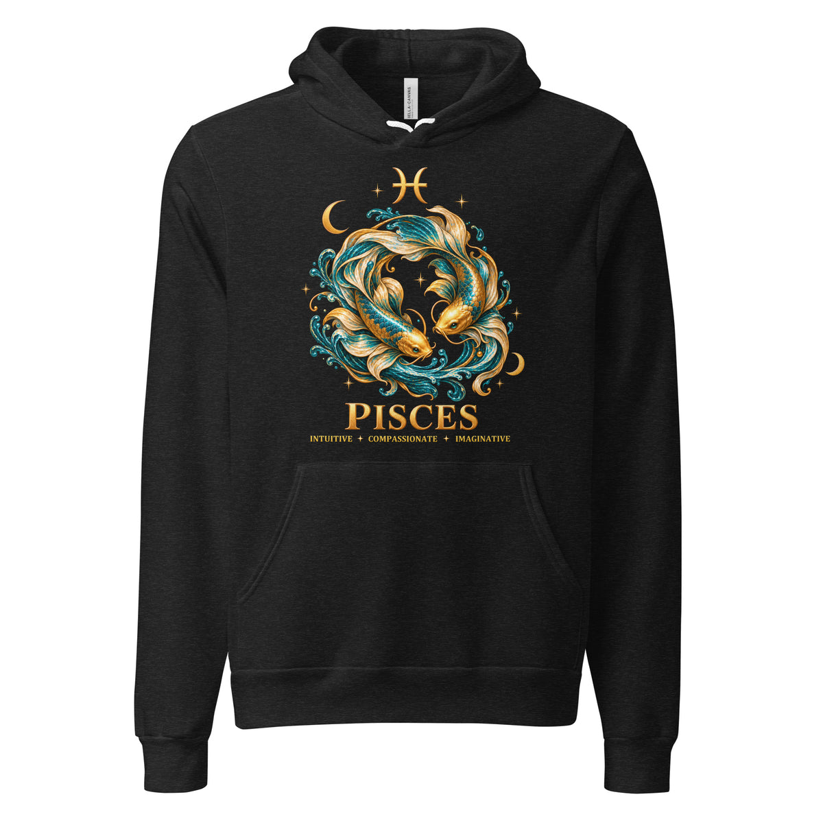 Pisces zodiac hoodie in black heather, front: two gold and teal koi in a night sky of gold stars with the Pisces glyph