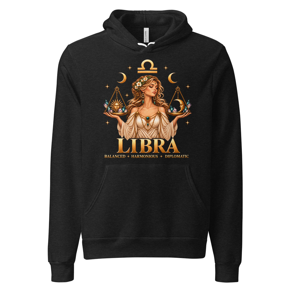 Libra zodiac hoodie in black heather, front: a woman holding golden scales in a night sky of gold stars with the Libra glyph