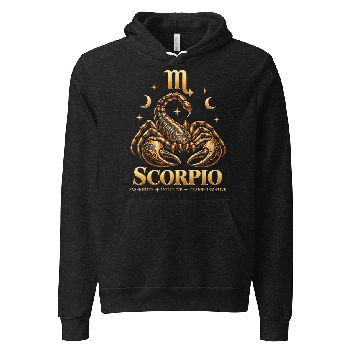 Scorpio zodiac hoodie in black heather, front: a golden scorpion in a night sky of gold stars with the Scorpio glyph