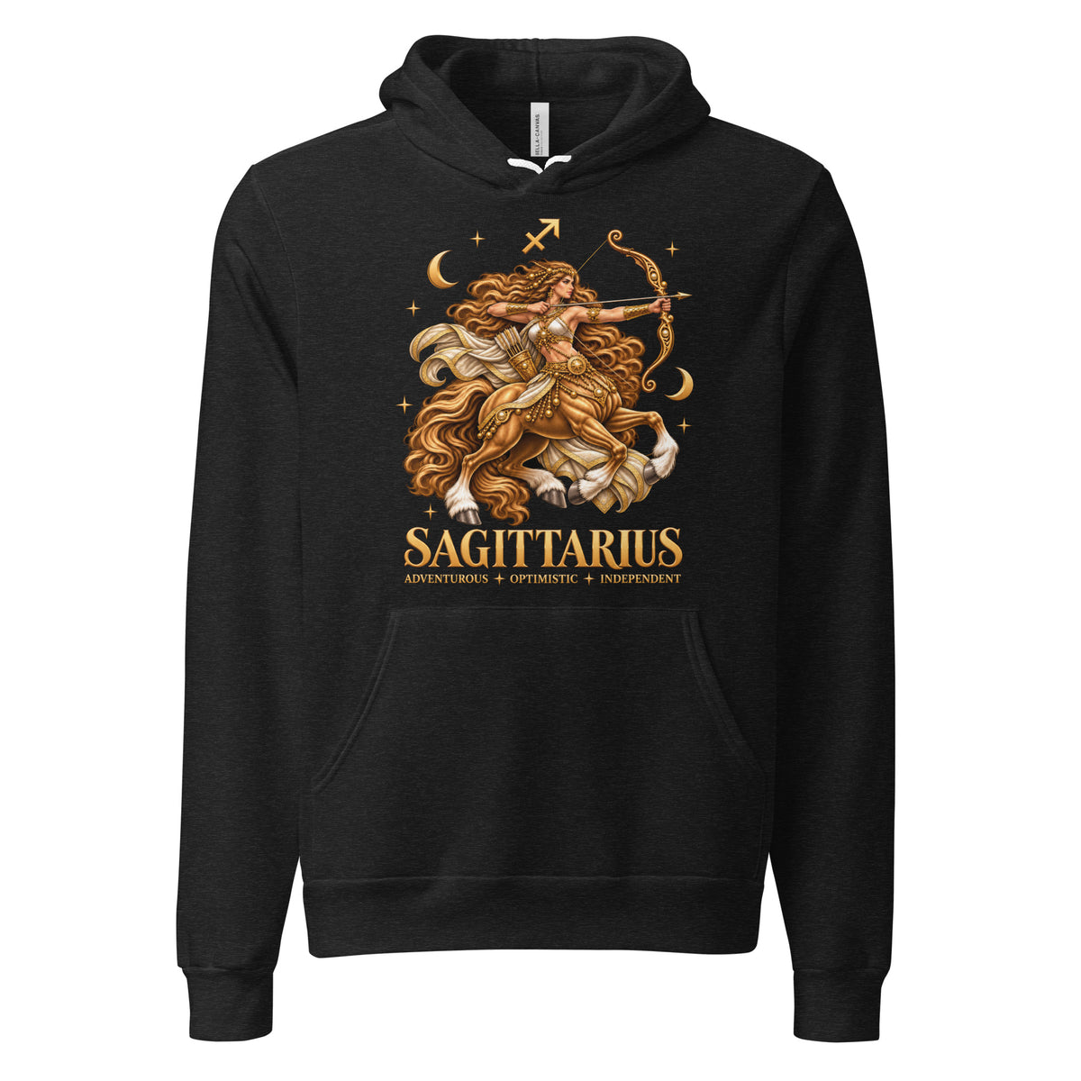 Sagittarius zodiac hoodie in black heather, front: a golden centaur archer in a night sky of gold stars with the Sagittarius glyph