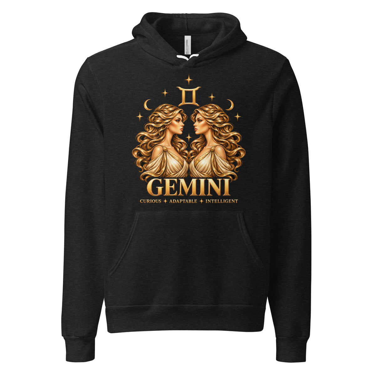 Gemini zodiac hoodie in black heather, front: golden twins face to face in a night sky of gold stars