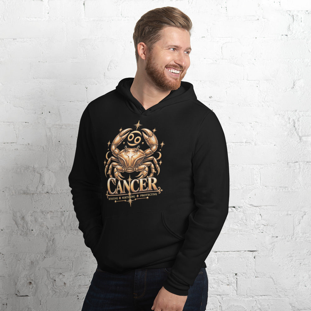 Cancer zodiac hoodie in black, front view angled left