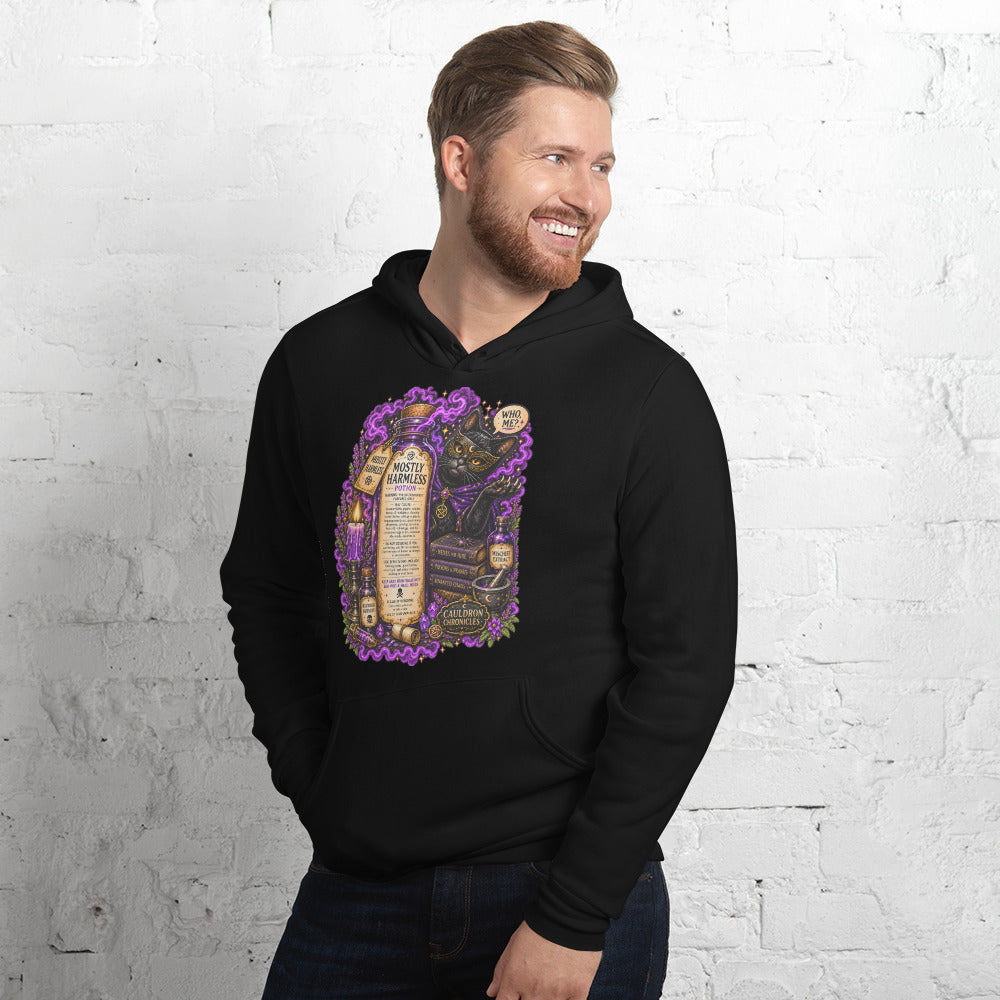 Mostly Harmless design on a black unisex hoodie, left front view