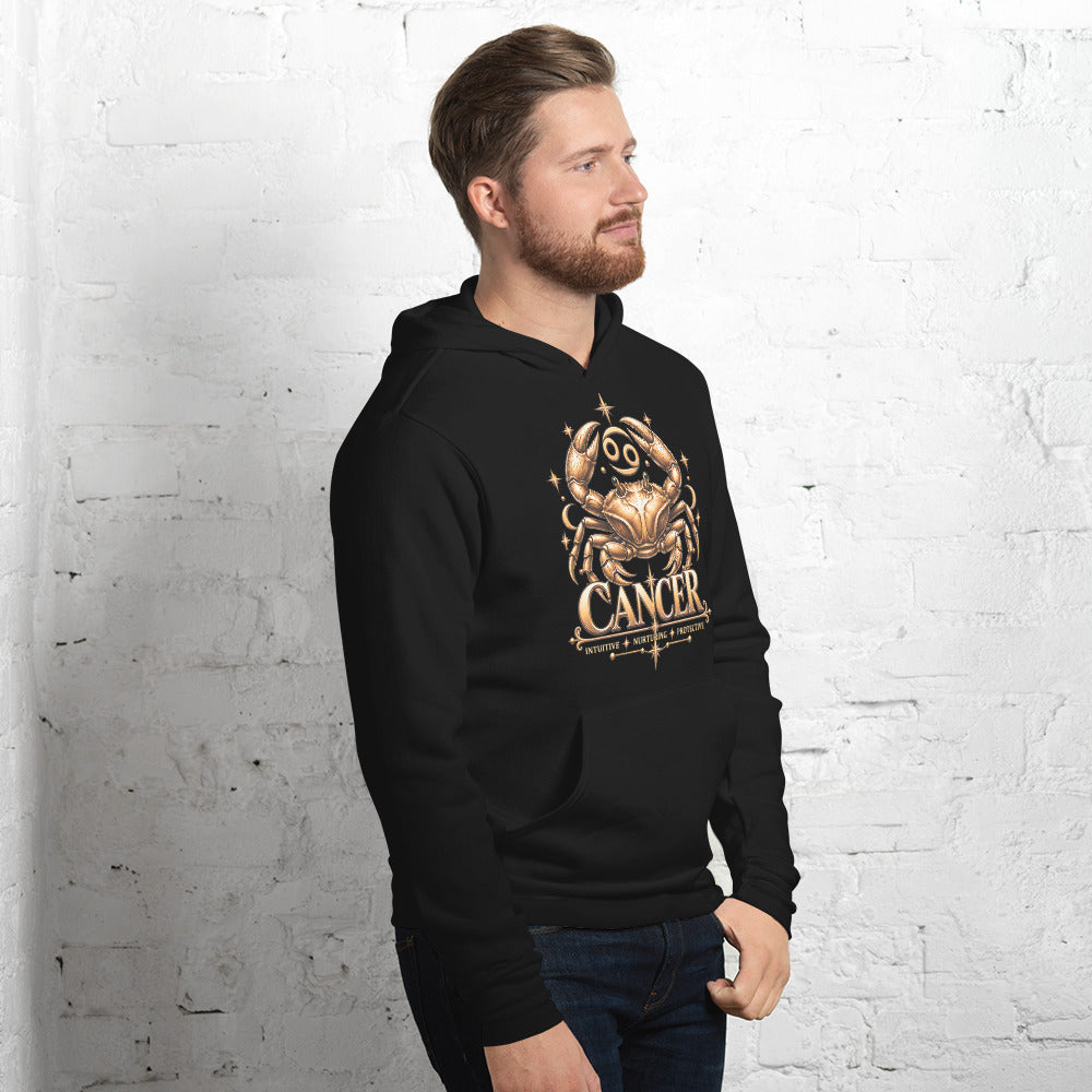Cancer zodiac hoodie in black, front view angled right