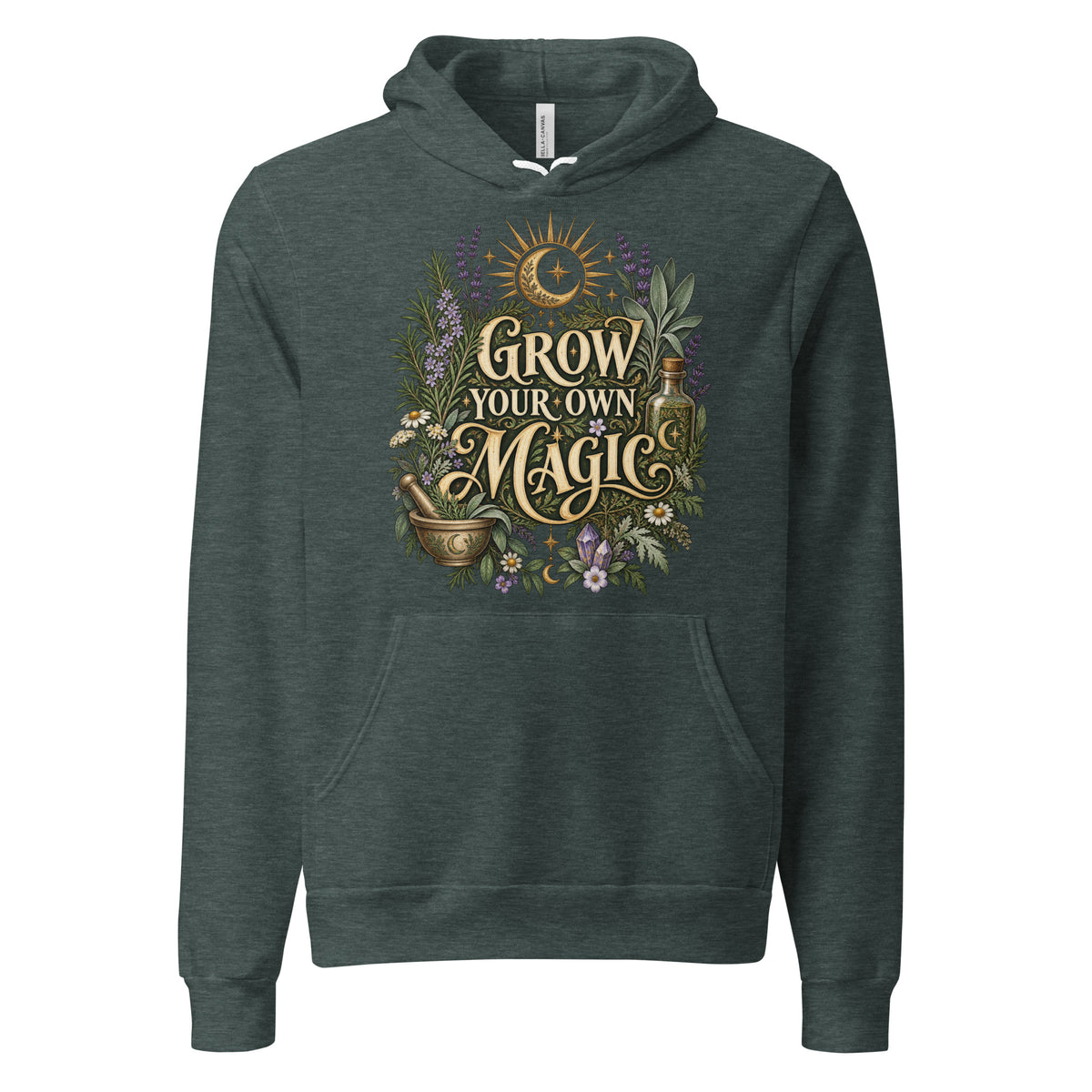 Grow Your Own Magic herbology design, herbs and a golden moon, on a heather forest unisex hoodie, front view