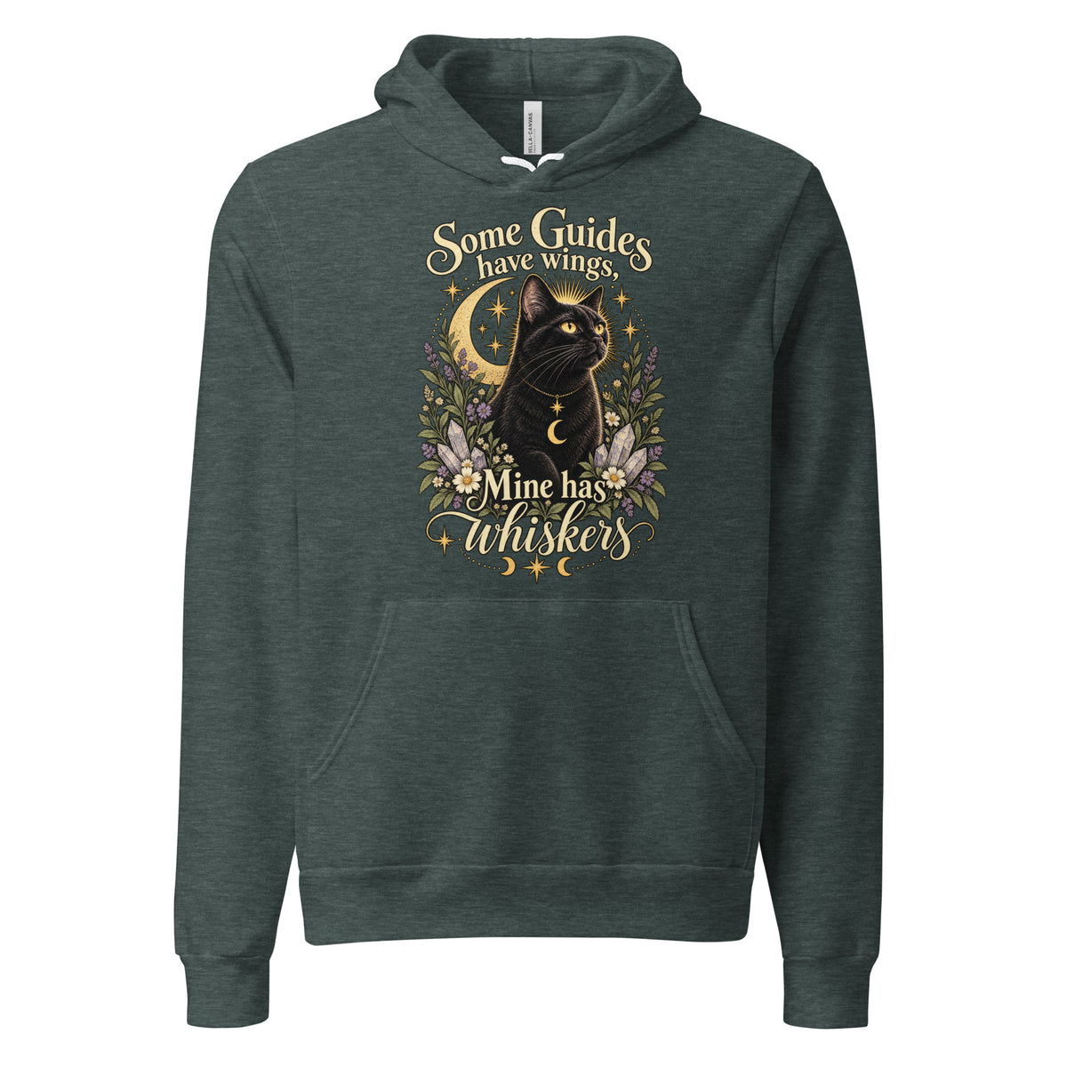 Some Guides Have Wings Mine Has Whiskers design, a black cat under a golden moon, on a heather forest unisex hoodie, front view
