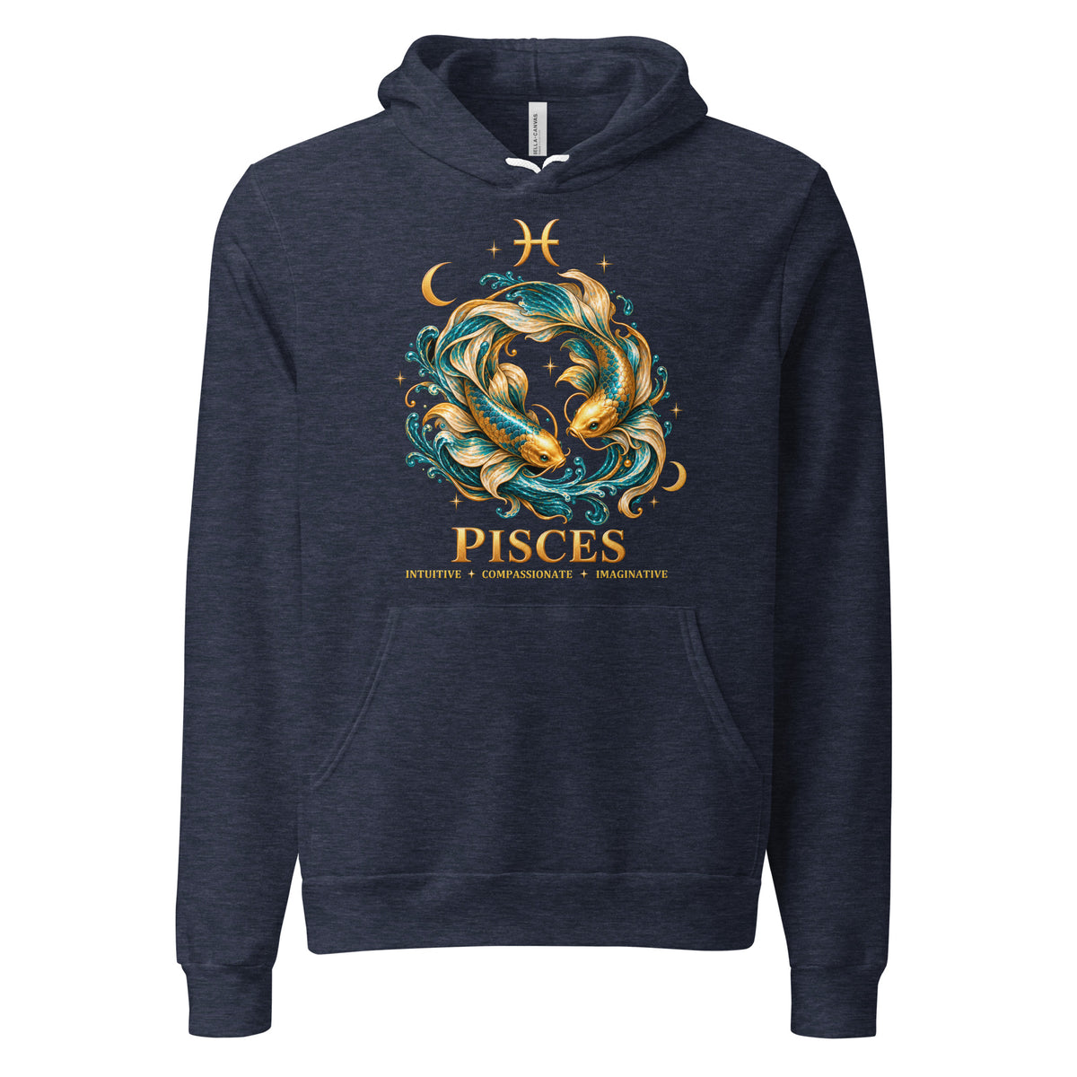 Pisces zodiac hoodie in heather navy, front: two gold and teal koi in a night sky of gold stars with the Pisces glyph