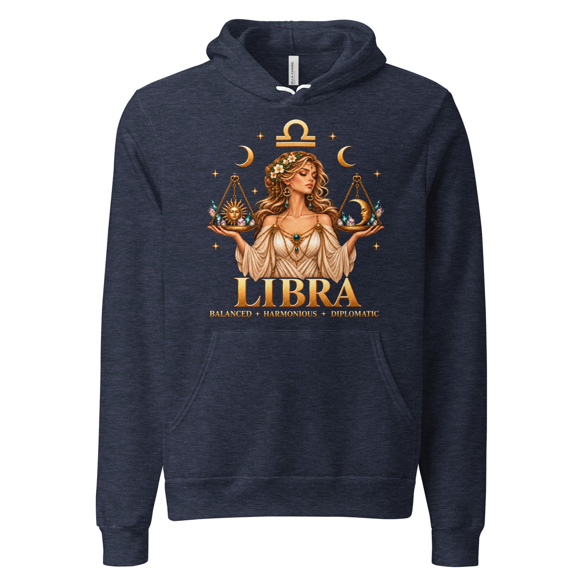Libra zodiac hoodie in heather navy, front: a woman holding golden scales in a night sky of gold stars with the Libra glyph