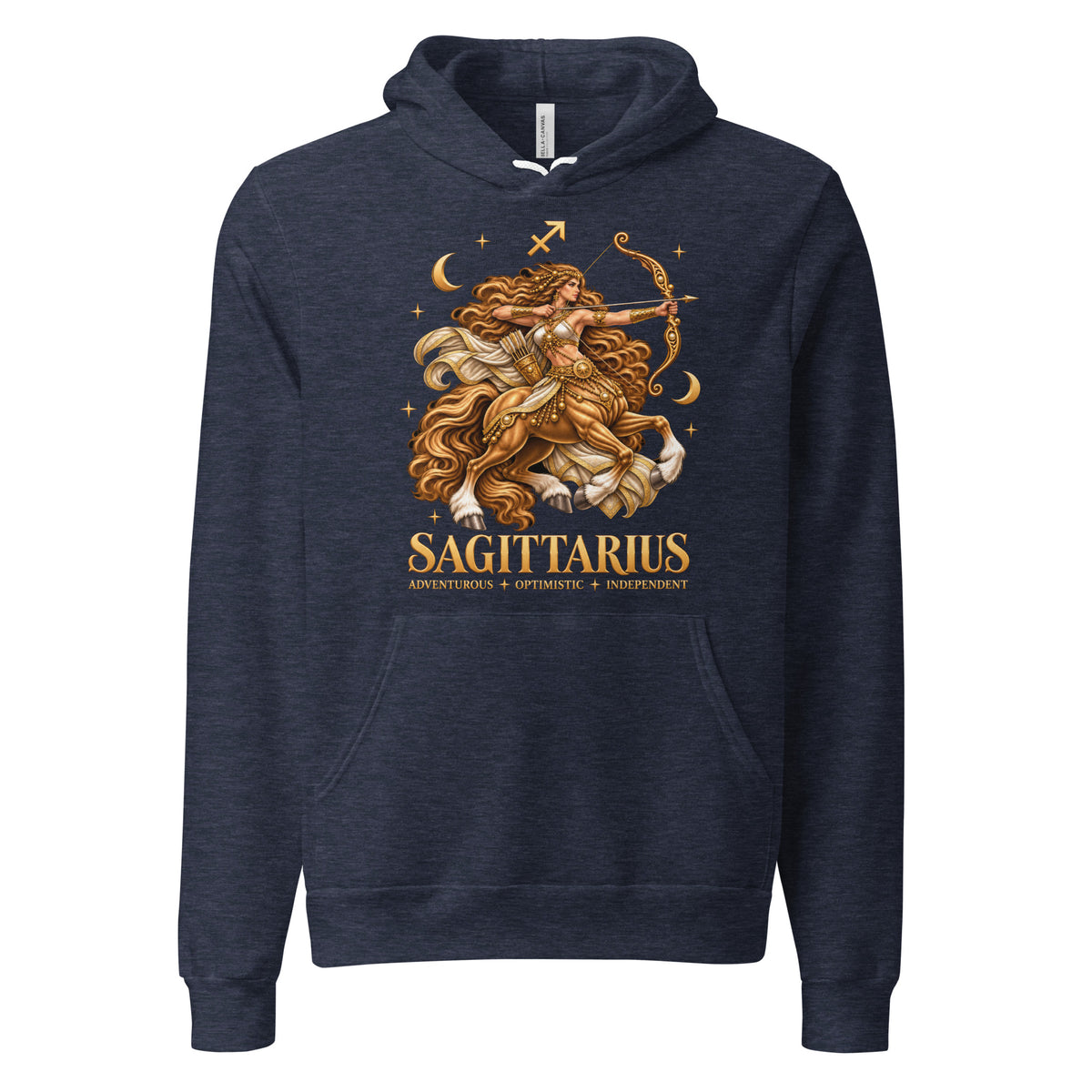 Sagittarius zodiac hoodie in heather navy, front: a golden centaur archer in a night sky of gold stars with the Sagittarius glyph