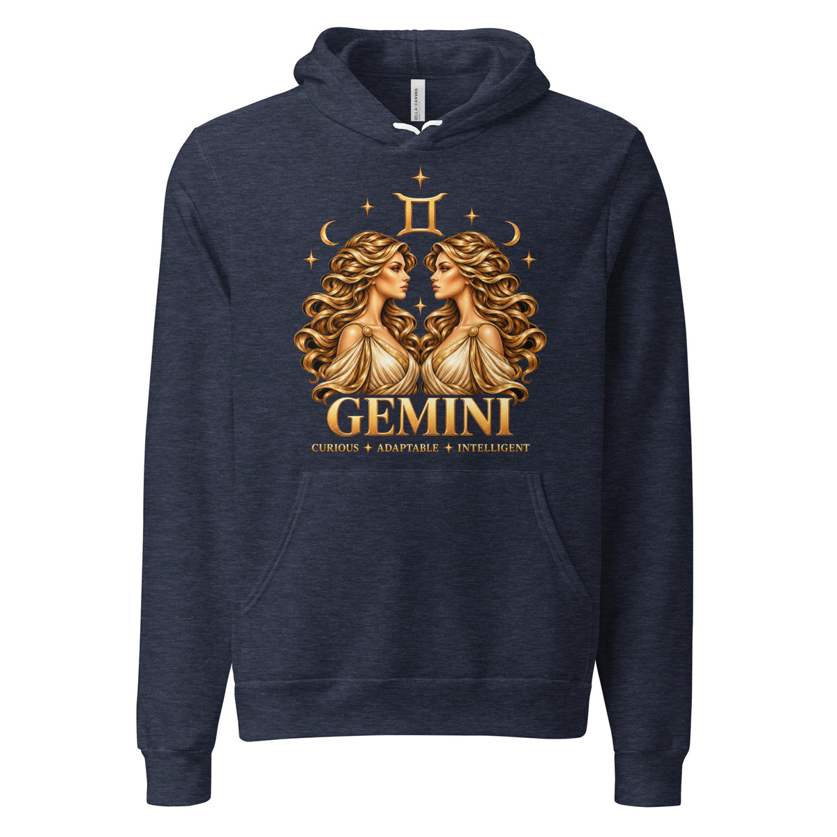Gemini zodiac hoodie in heather navy, front: golden twins face to face in a night sky of gold stars