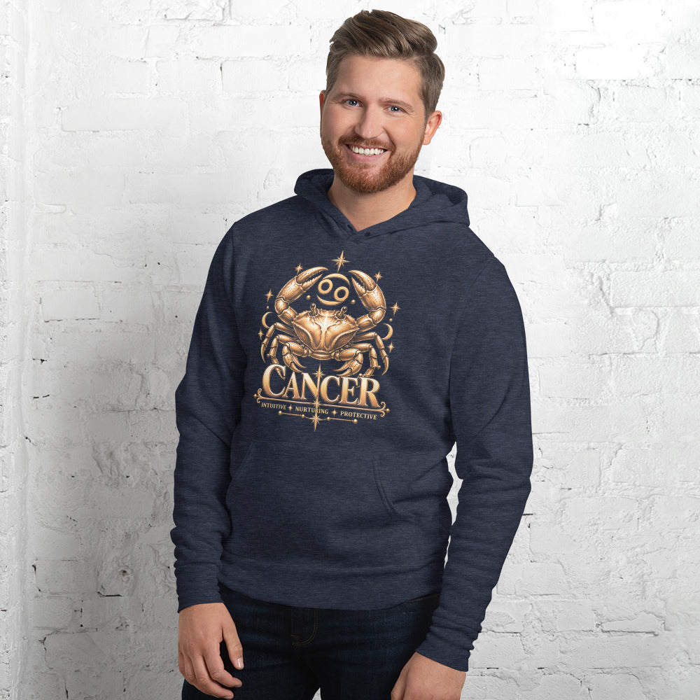 Cancer zodiac hoodie in heather navy, front: a golden crab with claws raised in a night sky of gold stars