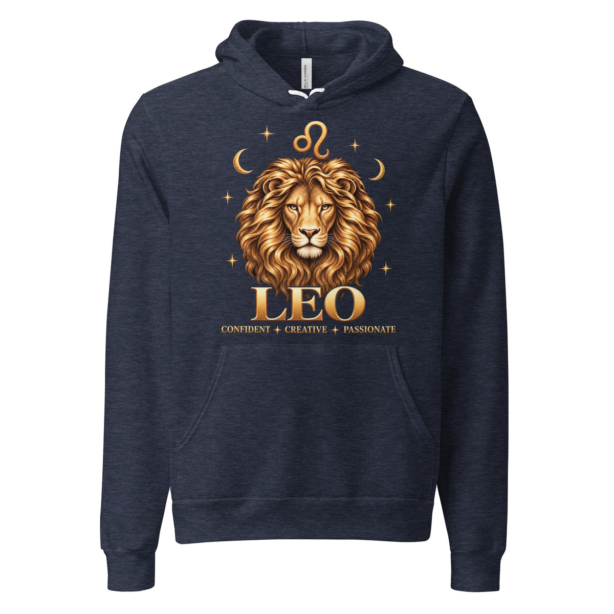 Leo zodiac hoodie in heather navy, front: a golden lion with a full flowing mane in a night sky of gold stars