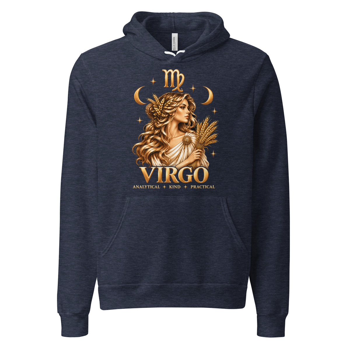 Virgo zodiac hoodie in heather navy, front: a golden maiden holding a sheaf of wheat in a night sky of gold stars