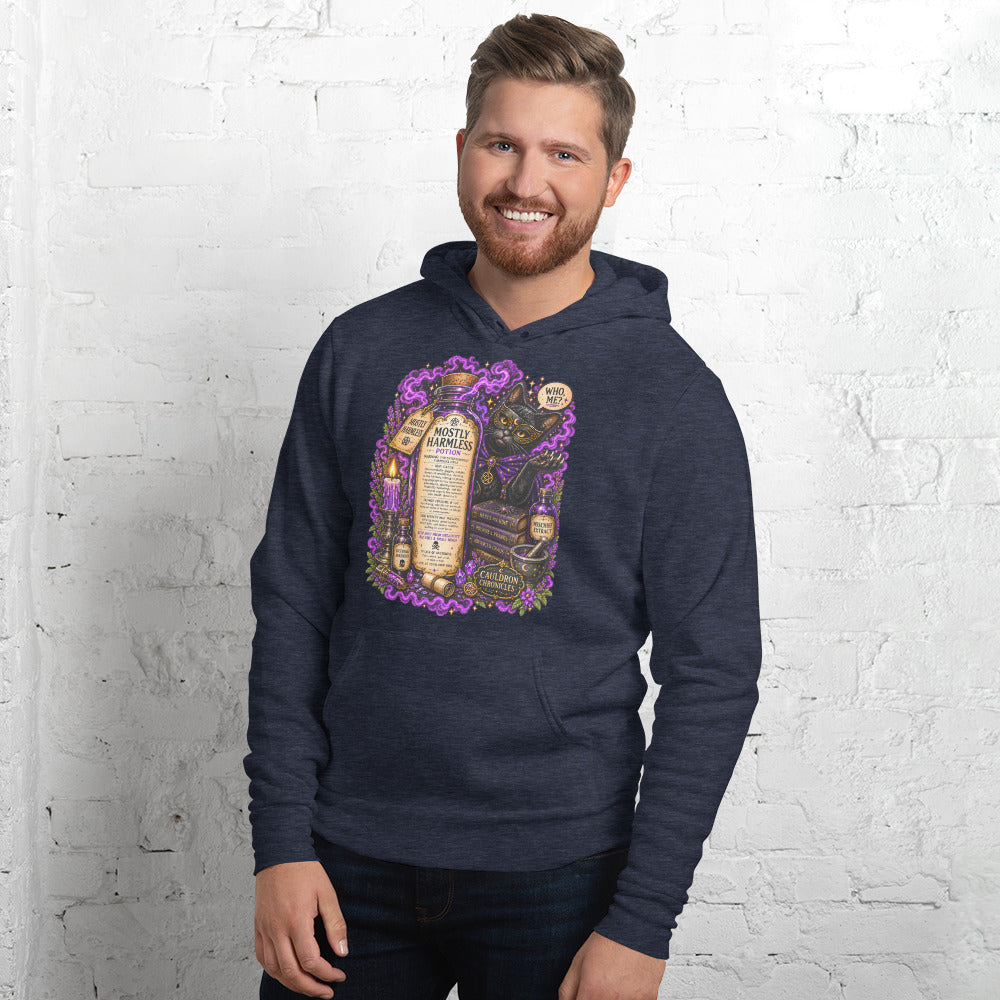 Mostly Harmless design, a potion bottle and a masked black cat, on a heather navy unisex hoodie, front view
