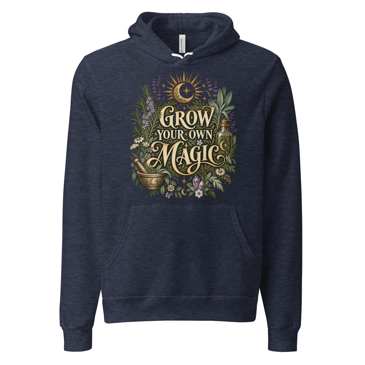 Grow Your Own Magic herbology design, herbs and a golden moon, on a heather navy unisex hoodie, front view