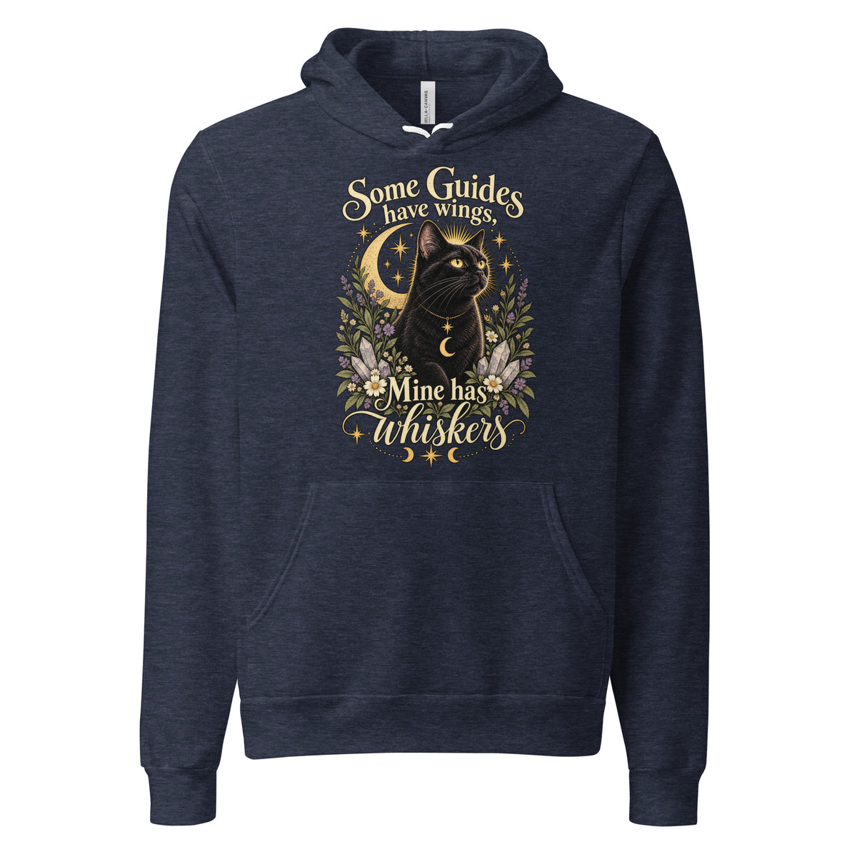 Some Guides Have Wings Mine Has Whiskers design, a black cat under a golden moon, on a heather navy unisex hoodie, front view