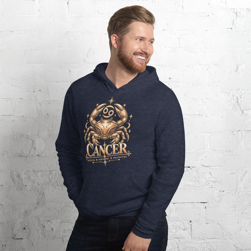Cancer zodiac hoodie in heather navy, front view angled left