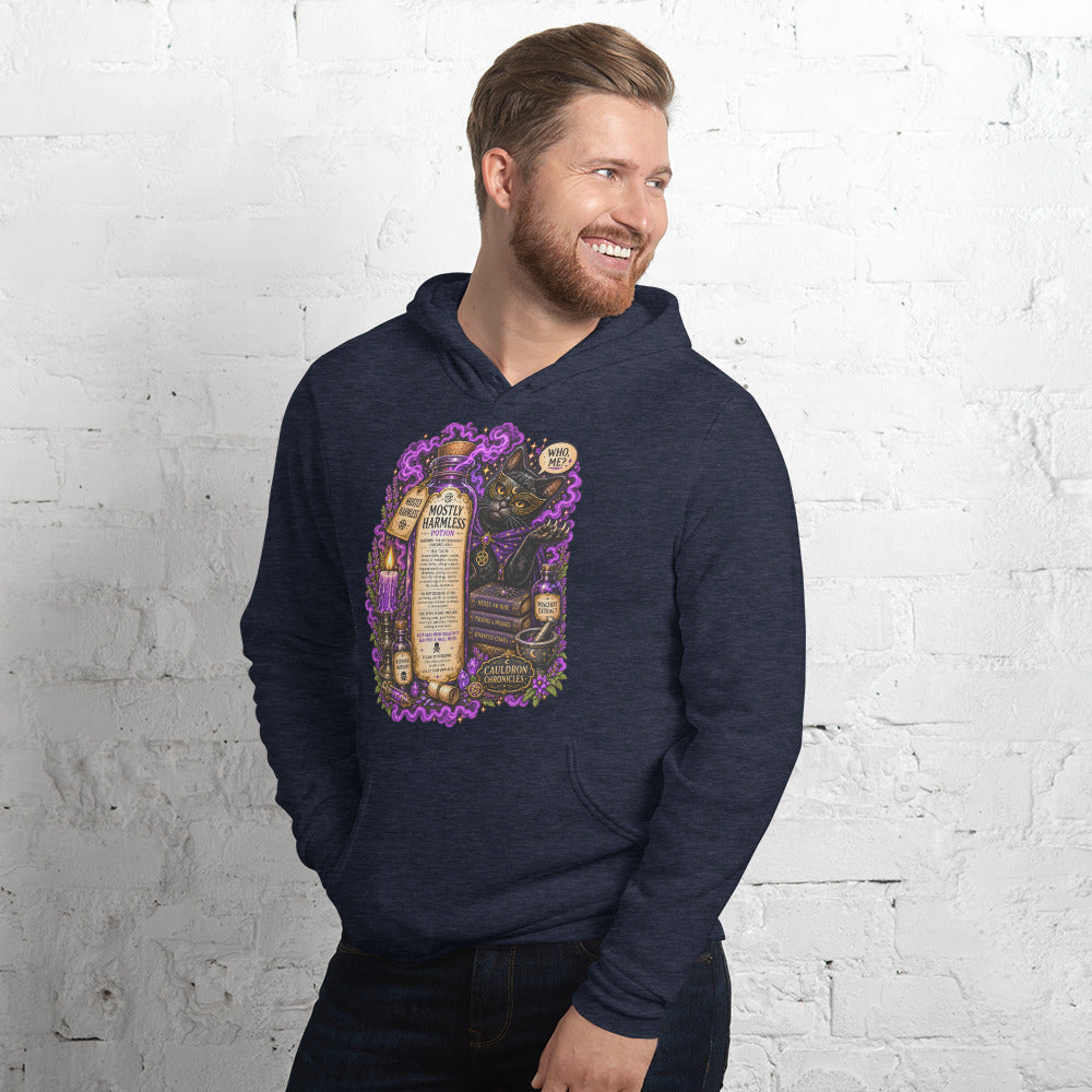 Mostly Harmless design on a heather navy unisex hoodie, left front view