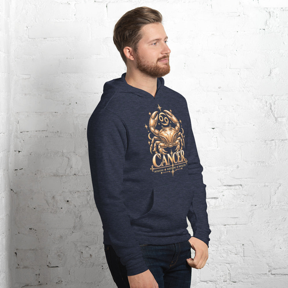 Cancer zodiac hoodie in heather navy, front view angled right