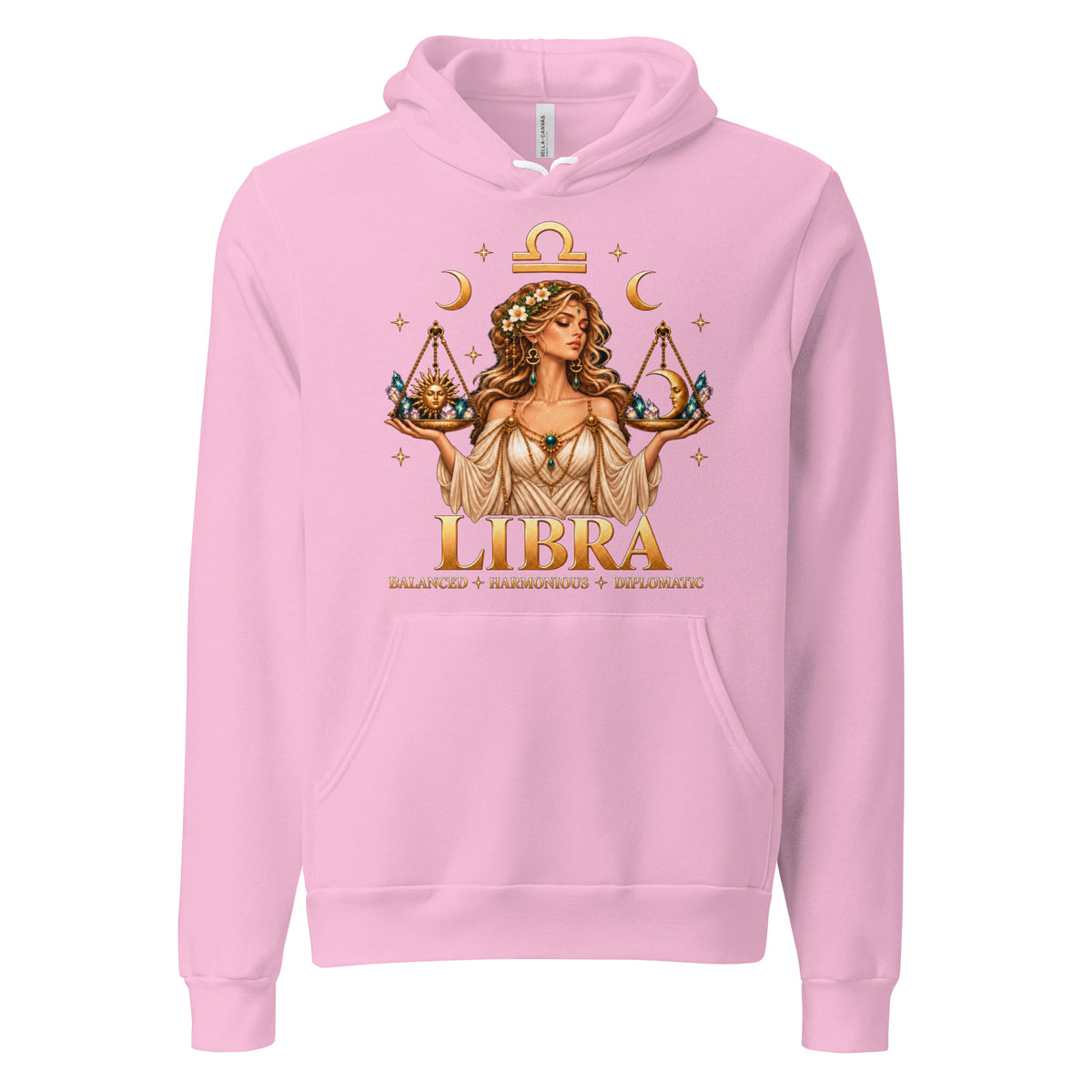 Libra zodiac hoodie in lilac, front: a woman holding golden scales in a night sky of gold stars with the Libra glyph