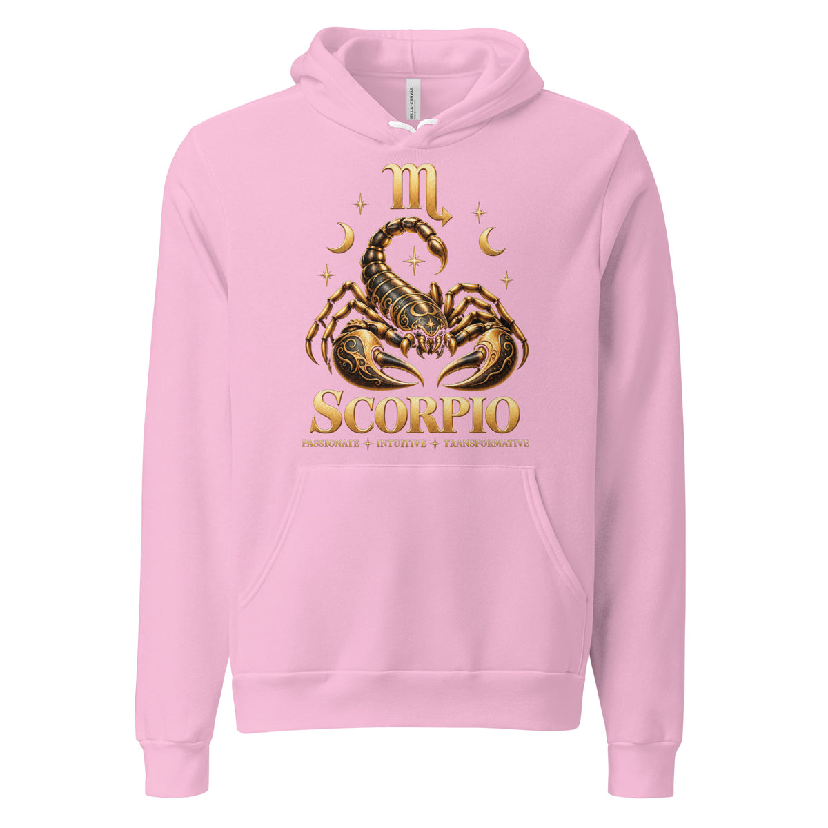 Scorpio zodiac hoodie in lilac, front: a golden scorpion in a night sky of gold stars with the Scorpio glyph