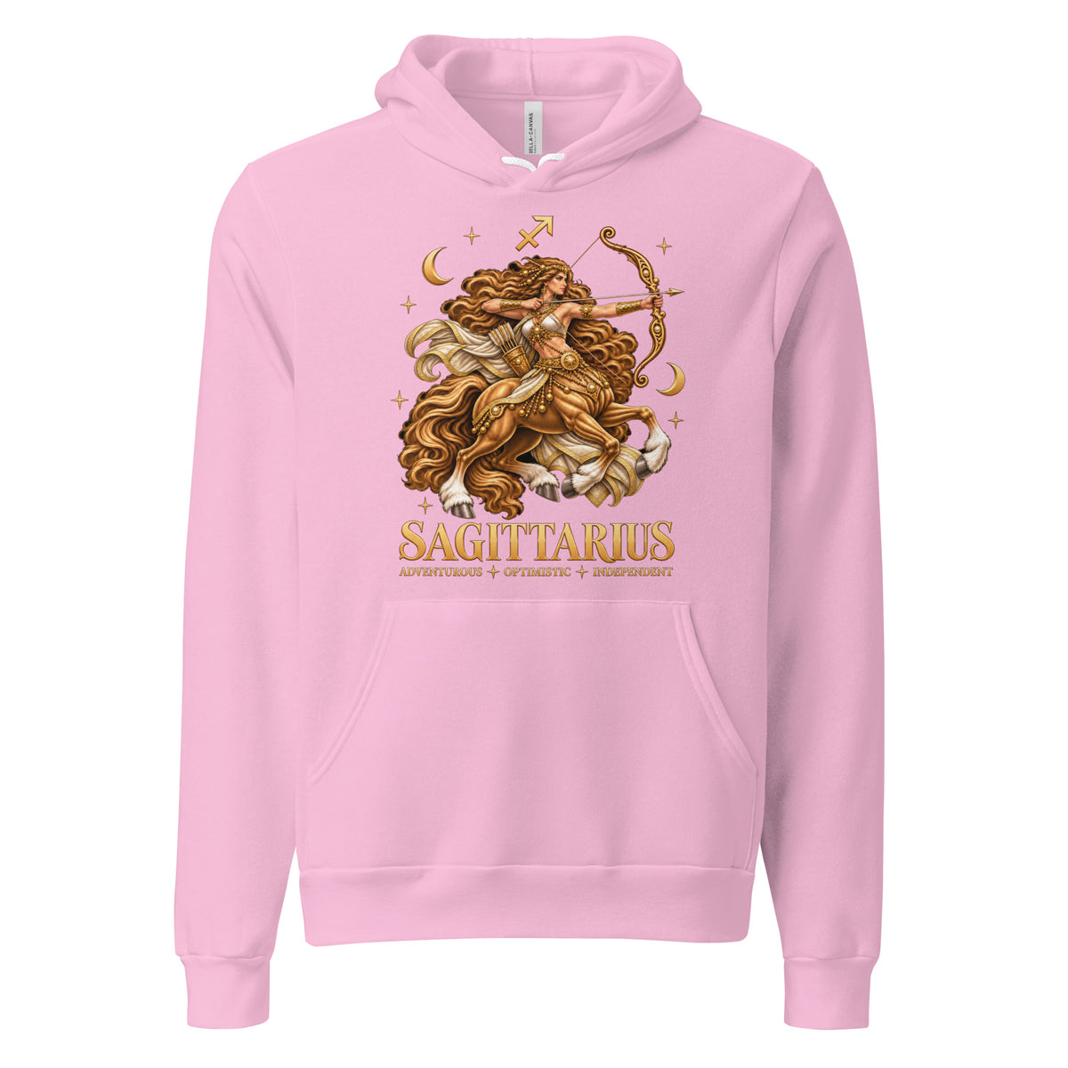Sagittarius zodiac hoodie in lilac, front: a golden centaur archer in a night sky of gold stars with the Sagittarius glyph