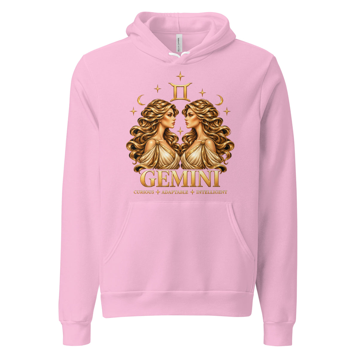 Gemini zodiac hoodie in lilac, front: golden twins face to face in a night sky of gold stars