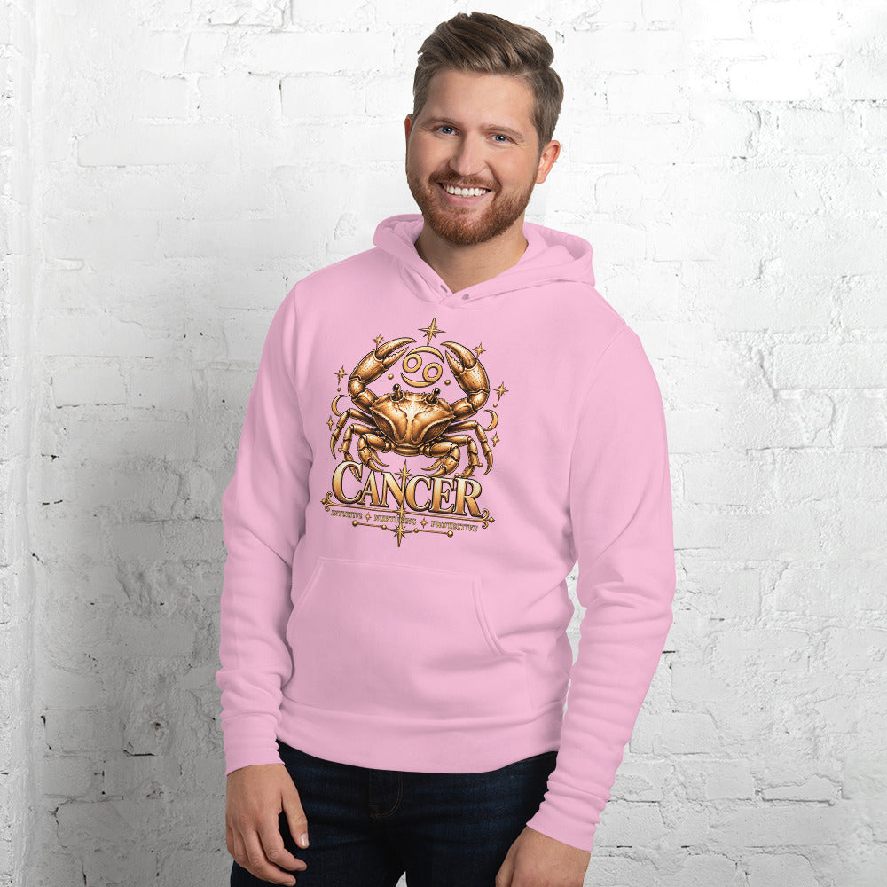 Cancer zodiac hoodie in lilac, front: a golden crab with claws raised in a night sky of gold stars