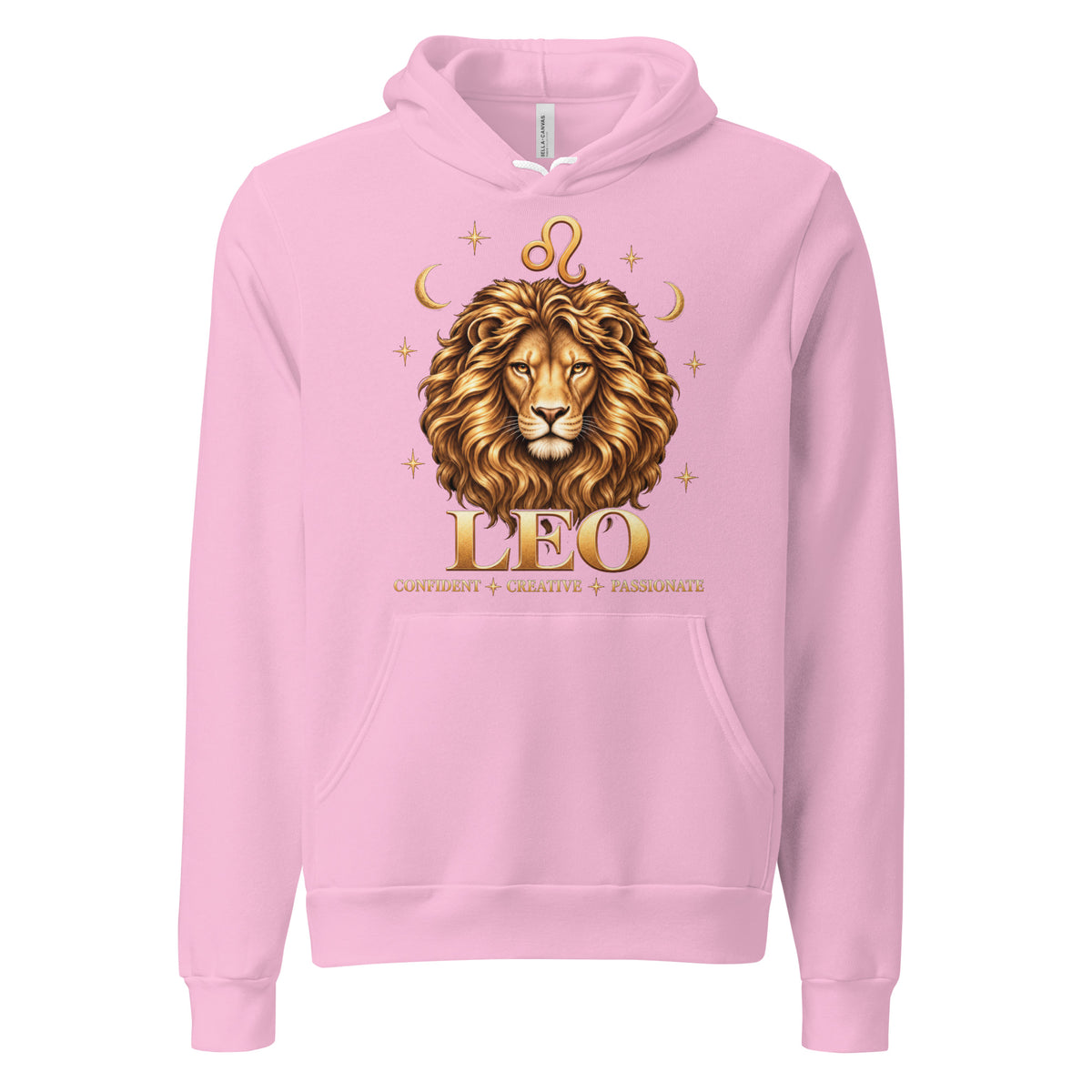 Leo zodiac hoodie in lilac, front: a golden lion with a full flowing mane in a night sky of gold stars