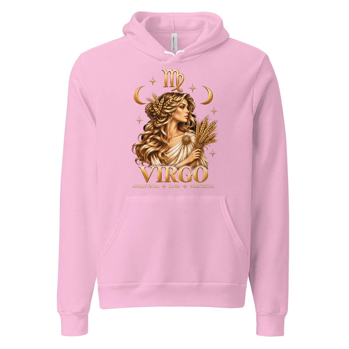 Virgo zodiac hoodie in lilac, front: a golden maiden holding a sheaf of wheat in a night sky of gold stars
