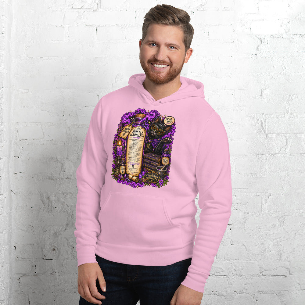 Mostly Harmless design, a potion bottle and a masked black cat, on a lilac unisex hoodie, front view