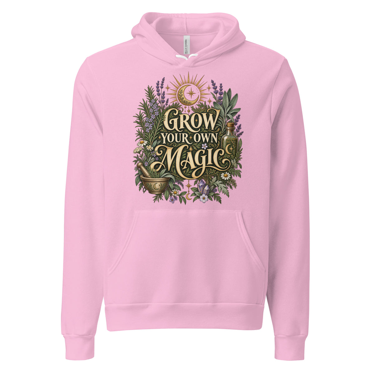 Grow Your Own Magic herbology design, herbs and a golden moon, on a lilac unisex hoodie, front view