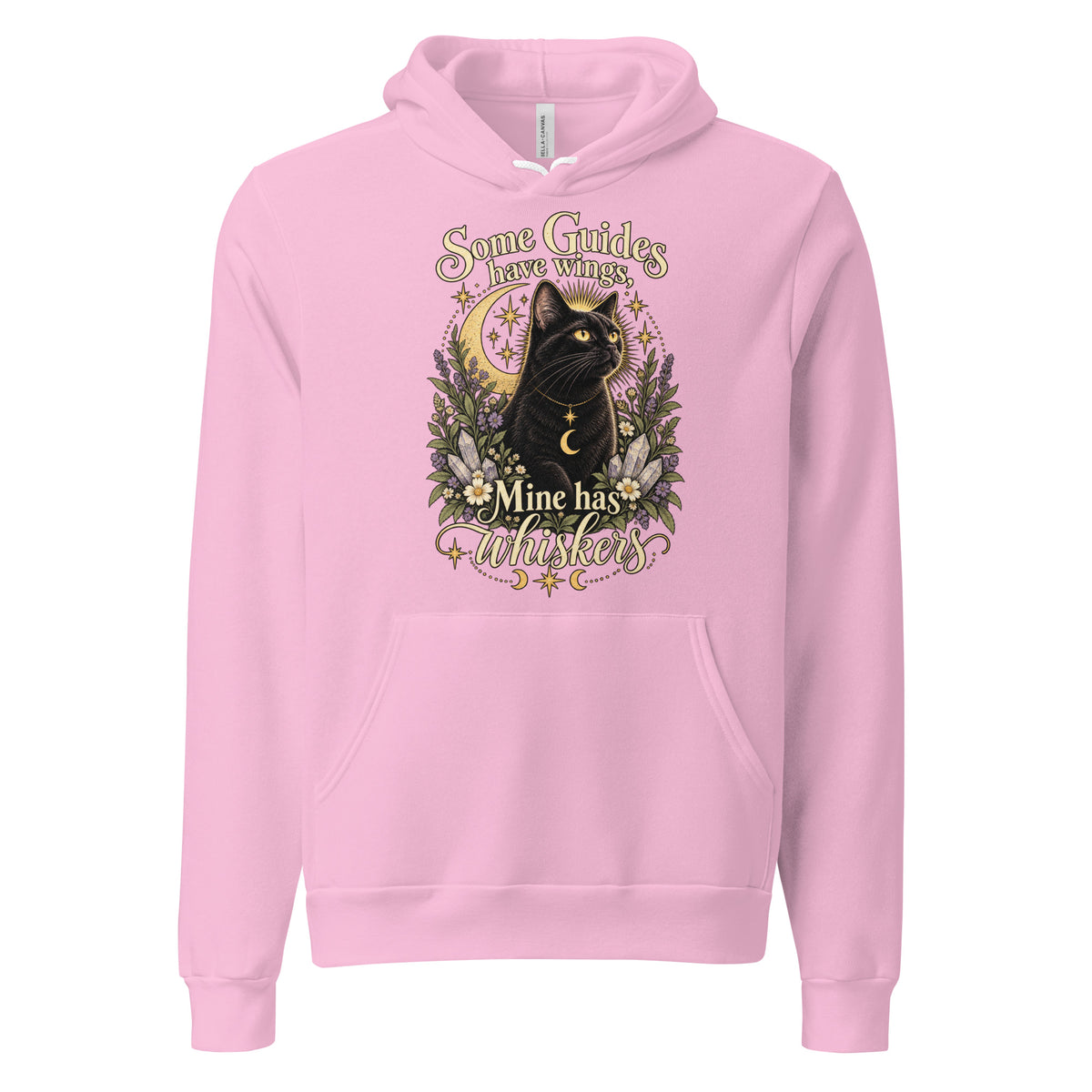 Some Guides Have Wings Mine Has Whiskers design, a black cat under a golden moon, on a lilac unisex hoodie, front view