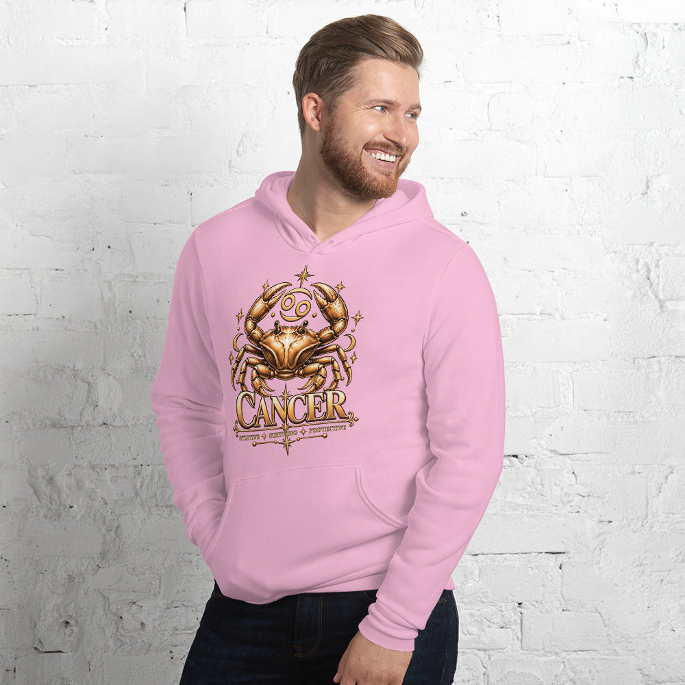 Cancer zodiac hoodie in lilac, front view angled left