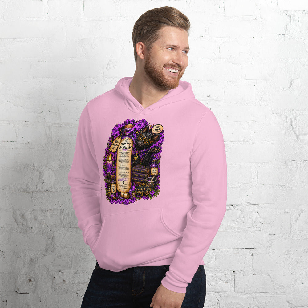 Mostly Harmless design on a lilac unisex hoodie, left front view