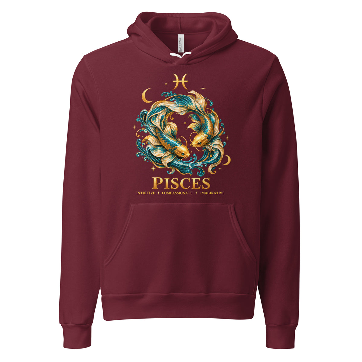 Pisces zodiac hoodie in maroon, front: two gold and teal koi in a night sky of gold stars with the Pisces glyph