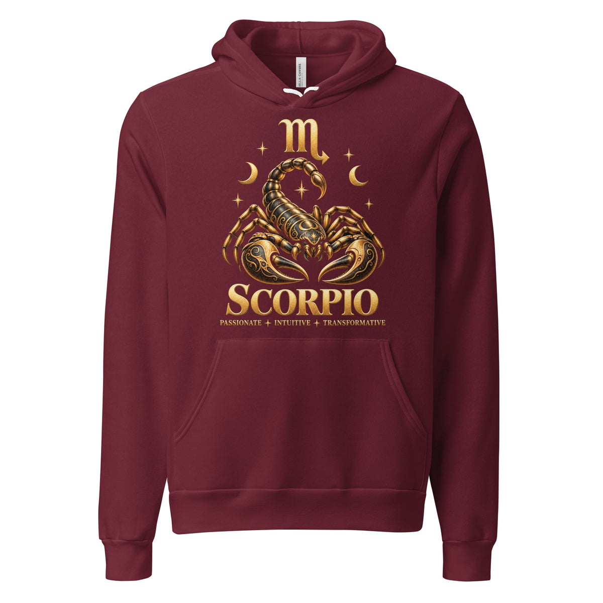 Scorpio zodiac hoodie in maroon, front: a golden scorpion in a night sky of gold stars with the Scorpio glyph